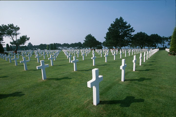 France, Normandy. White crosses at Normandy American Cemetery, Omaha Beach.