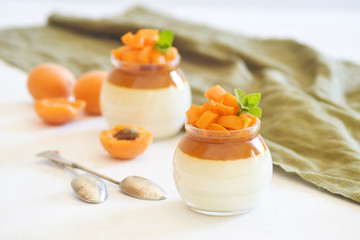 Italian dessert panna cotta with apricot jelly and pieces of fresh apricot. Copy space.