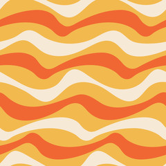 Graphic wavy 70's seamless pattern in yellow, orange and beige. Groovy waves in horizontal stripes have a surf vibe. Great for beachwear, posters, graphic design projects and textiles. Vector.