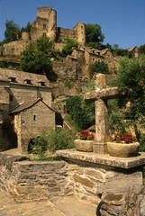 France: Averyon, Belcastel, resting spot and cross in recess of stone bridge of 10th century...