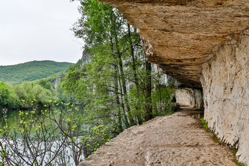 France, Ganil. Steep rocks bordering the Lot river