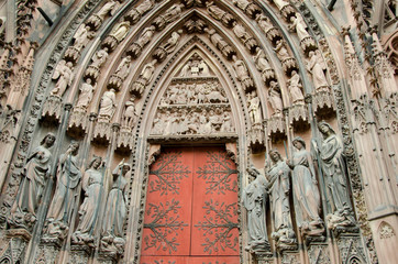 France, Alsace region, Strasbourg. Landmark sandstone exterior of the Gothic Strasbourg Cathedral...