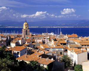 France, St. Tropez. The clock tower at St. Tropez marks the center of this fashionable resort on the Riviera in France.