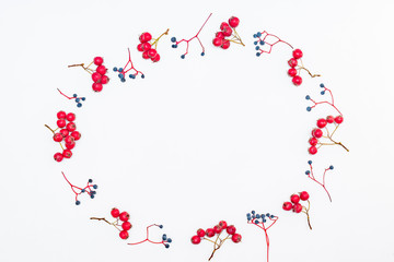 Flat lay frame with colorful autumn berries on a white background