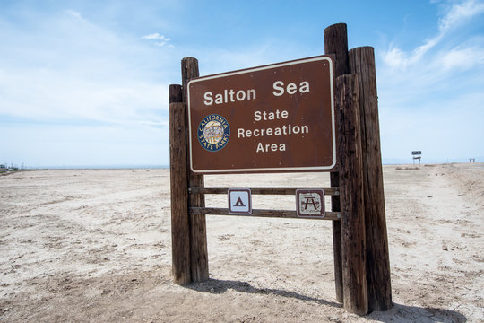 MAY 16 2019- Bombay Beach, CA: A sign welcomes visitors to the Salton Sea State Recreation area in California