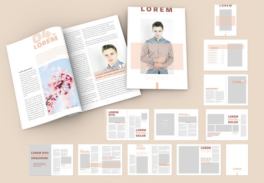 Magazine Layout with Peach and Dark Red Accents