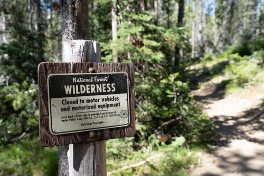 JULY 19 2018 - STANLEY, ID: Trail closed to motorized vehicles and equipment in the Sawtooth Wilderness in the Sawtooth National Recreation Area trails in Idaho on a sunny day