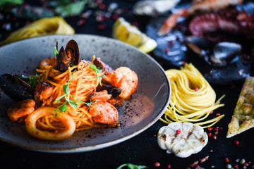 Fototapeta na wymiar italian home made pasta with fresh seafood