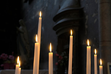 France, Burgundy, Nievre, Nevers. Votive candles, Nevers Cathedral (Cathedrale Saint-Cyr-et-Sainte-Julitte de Nevers)