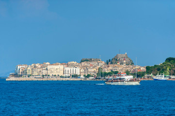View of Old Town from Ionian Sea, Corfu, Greece, Europe