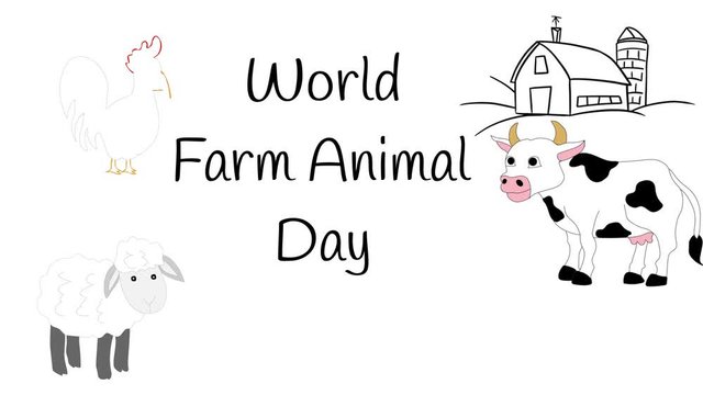 World Farm Animal Day illustrated on white with barn and animals.