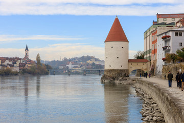Schaiblingsturm. Inn Promenade. River passage. Inn River. Passau. Germany.