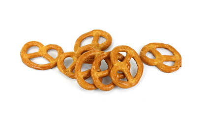 Few pretzels on a white background.