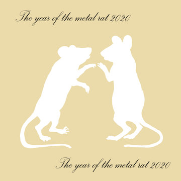 two drawn isolated silhouettes of mice, rats. mouse on the hind legs on a colored background and the inscription "Year of the metal rat 2020" 