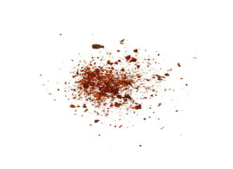 Cayenne pepper. Pile crushed red cayenne pepper, dried chili flakes and seeds isolated on white background