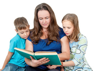 Young mother reading book for children