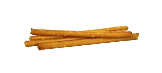 Salty cracker pretzel sticks isolated on white background. 