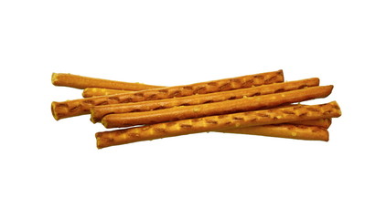 Salty cracker pretzel sticks isolated on white background. 