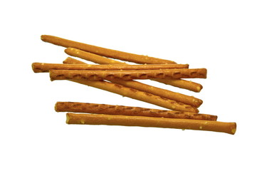 Salty cracker pretzel sticks isolated on white background. 