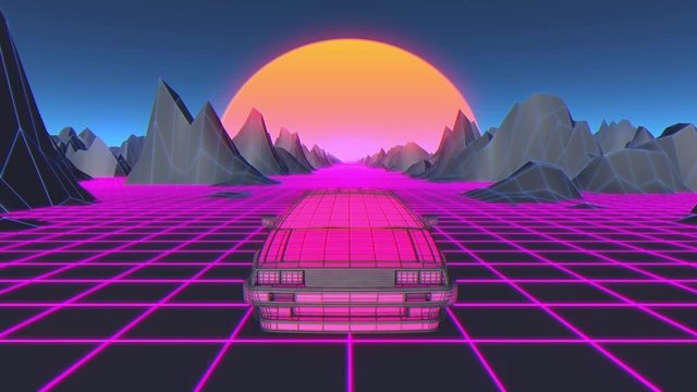 Cyberpunk car in 80s style moves on a virtual neon landscape