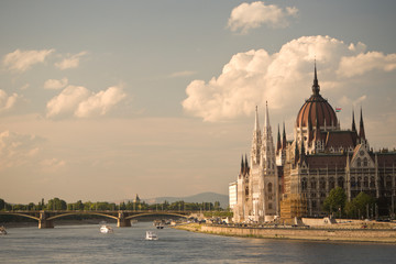 Fototapeta na wymiar Parliament Buildings along Danube River, viewed from the Chain Bridge, Pest side of Budapest, Hungary, Europe