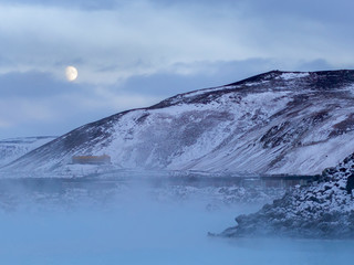 Iceland. Moonrise outside Blue Lagoon entrance.
