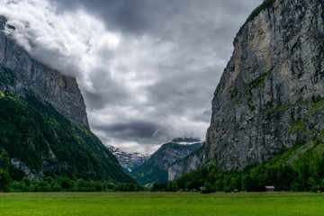 Stormy alpine valley near Lauterbrunnen village, Switzerland