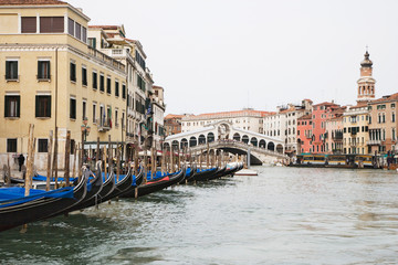 Fototapeta na wymiar Italy, Venice. Gondolas along the Grand Canal. 