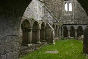 Fototapeta na wymiar Ireland, Galway. Stone arches and columns inside the ruins of the Ross Errilly Friary.