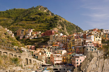 Fototapeta na wymiar Italy, Cinque Terre, Manarola. View of the town and terraced vineyards.