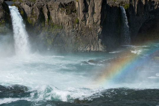 Iceland, Myvatn District off the Ring Road, Northeast Region. Skjalfandafljot River, Godafoss waterfall with rainbow, the most popular waterfall in Iceland. © Cindy Miller Hopkins/Danita Delimont