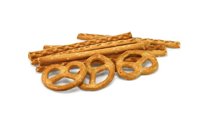Salty cracker pretzel sticks isolated on white background. 
