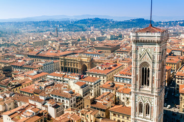 Fototapeta na wymiar Campanile of Giotto and city view from the top of the Duomo, Florence, UNESCO World Heritage Site, Tuscany, Italy