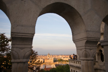 Naklejka premium HUNGARY, Budapest. View from Fisherman's Bastion, Castle Hill. 