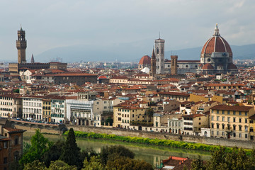 Fototapeta na wymiar Italy, Florence. Overview of the city and the River Arno as seen from Michelangelo Plaza. 