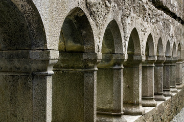 Ireland, Galway. Stone arches and columns inside the ruins of the Ross Errilly Friary.