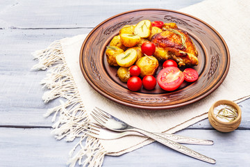 Roast chicken thighs and baby potatoes