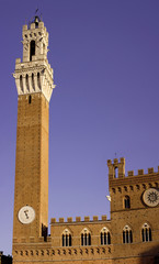 Fototapeta premium Italy, Tuscany, Sienna. Tower and clock view of Torre del Mangia in the Piazza del Campo.