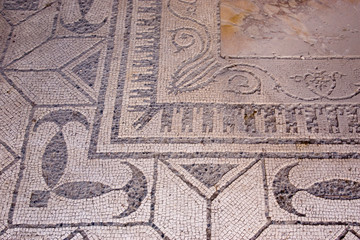 Italy, Campania, Herculaneum. Mosaic floor designs uncovered from excavated ruins.