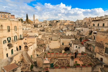 Italy, Basilicata, Province of Matera, Matera. The town lies in a small canyon carved out by the Gravina. Overview of town.