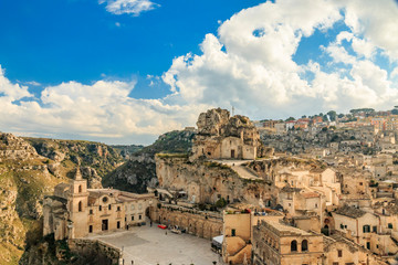 Italy, Basilicata, Province of Matera, Matera. The town lies in a small canyon carved out by the Gravina.