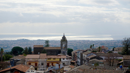 Italy, Sicily, village of Trecastagni on the Mount Etna slopes. View of the historical center.