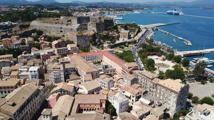 Naklejka premium Aerial drone view of iconic and picturesque old town of Corfu island a UNESCO world heritage site, Ionian, Greece