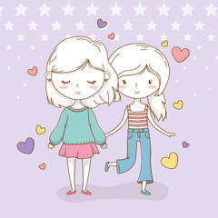 beautiful little girls couple with pastel colors and hearts