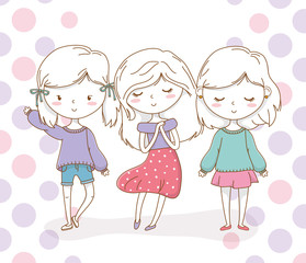 little girls group with pastel colors and dotted background