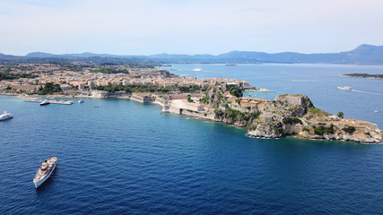 Fototapeta na wymiar Aerial drone view of picturesque old town of Corfu island featuring iconic castle a UNESCO world heritage site, Ionian, Greece