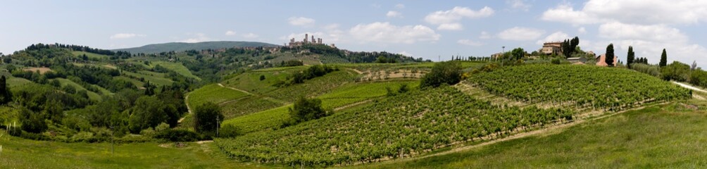 Fototapeta na wymiar Panorama. Rolling hills landscape. San Gimignano skyline. Tuscany, Italy.