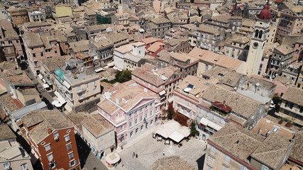 Aerial drone view of iconic and picturesque old town of Corfu island a UNESCO world heritage site, Ionian, Greece