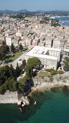 Naklejka premium Aerial drone view of iconic and picturesque old town of Corfu island a UNESCO world heritage site, Ionian, Greece