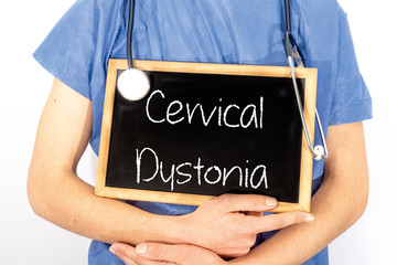 Doctor shows information on blackboard: cervical dystonia.  Medical concept.